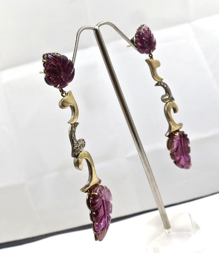 Estate Pink Tourmaline Carved Diamond 18K Gold Silver Victorian Dangle Earring