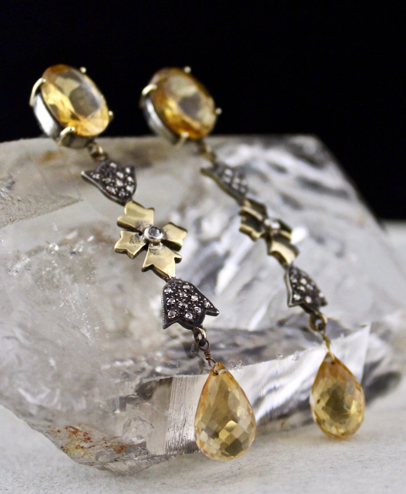 YELLOW CITRINE CUT DROP GEMSTONE DIAMOND 18K GOLD 925 SILVER VICTORIAN