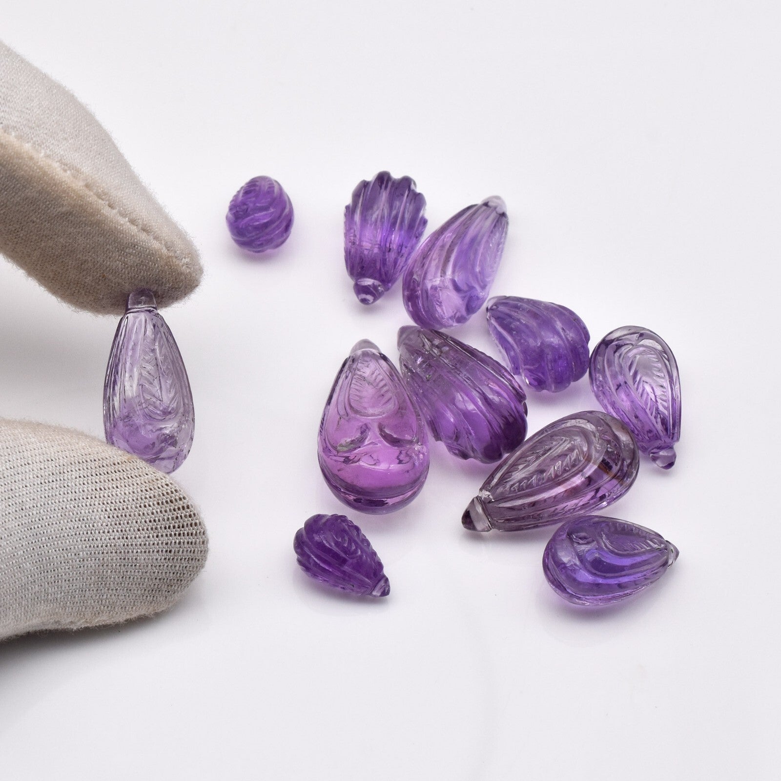 Natural Amethyst 131.8ct Engraved Drop 11pc Gemstone Earring Necklace Set