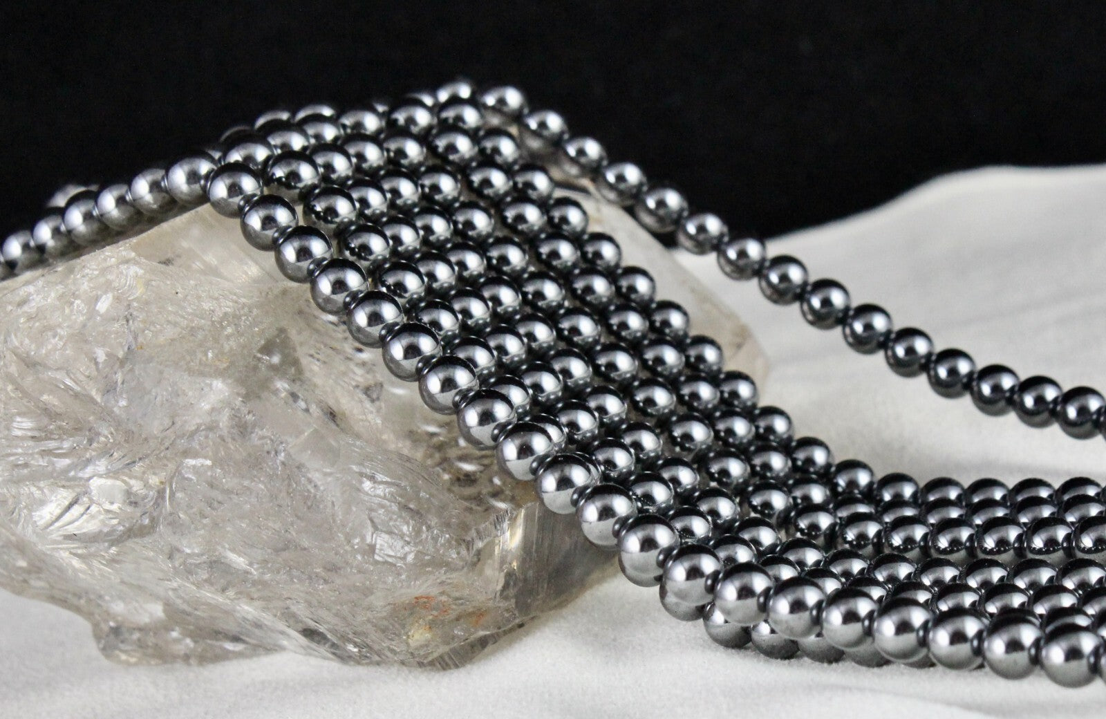 Hematite Beads Necklace 902 Ct, 4 Line 6mm Round Black Gemstone Fashion