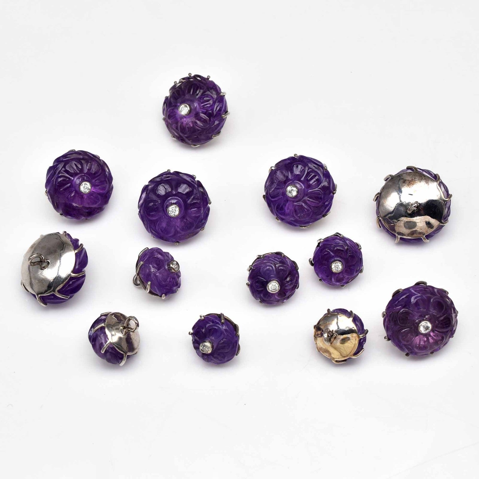 Natural Amethyst Engraved Moissanite 13Pc Silver Men Accessories Sherwani Button