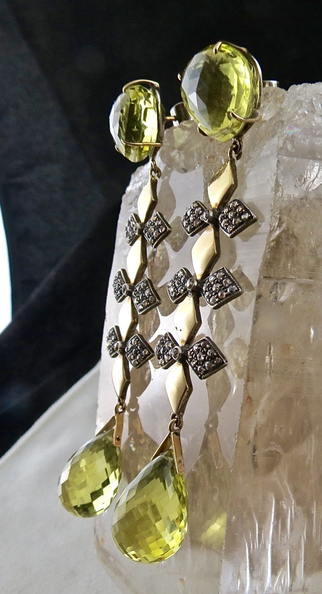 Natural Lemon Quartz Teardrop 10ct Diamond 18k Gold Sterling Silver Earrings