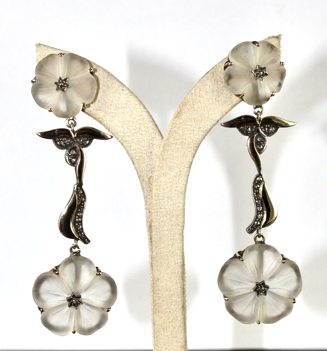 NATURAL ROCK CRYSTAL QUARTZ CARVED DIAMOND 18K GOLD 925 SILVER VICTORIAN EARRING