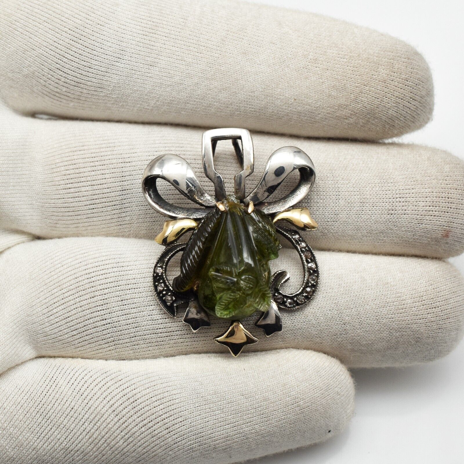 Vintage Natural Green Chrome Tourmaline Diamond Silver & Gold Victorian Pendant
