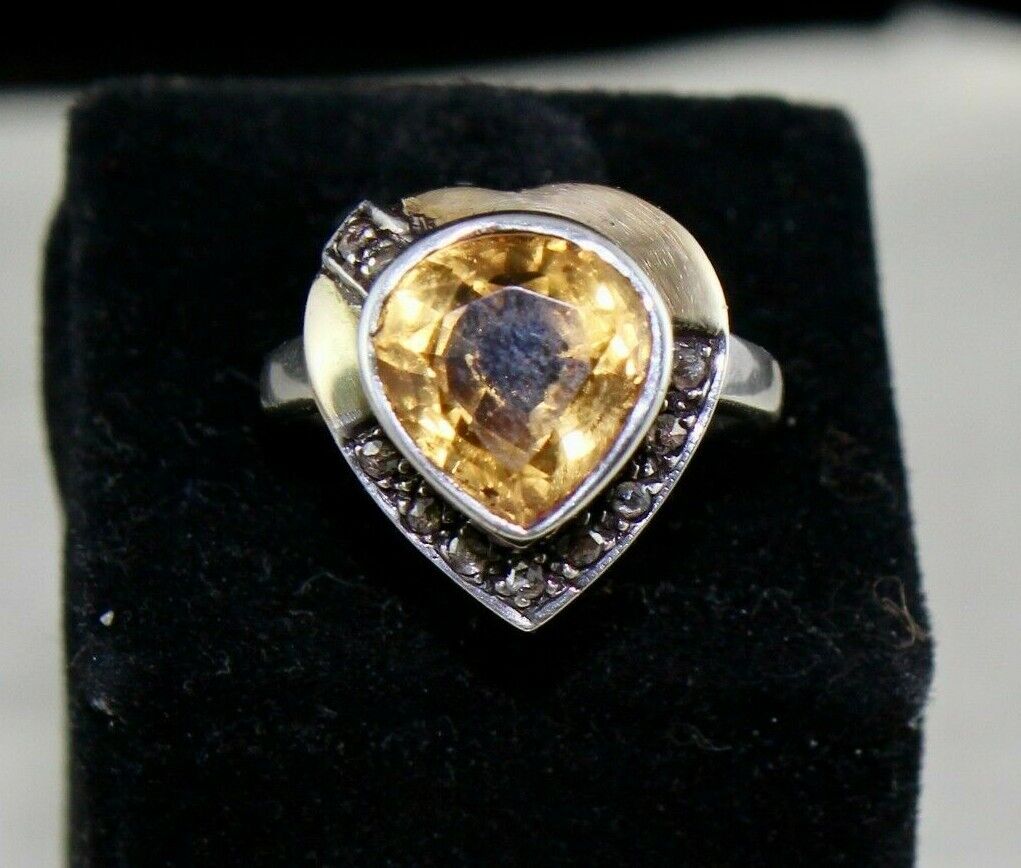 ANTIQUE NATURAL YELLOW CITRINE HEART CUT 18K GOLD DIAMOND SILVER VICTORIAN RING