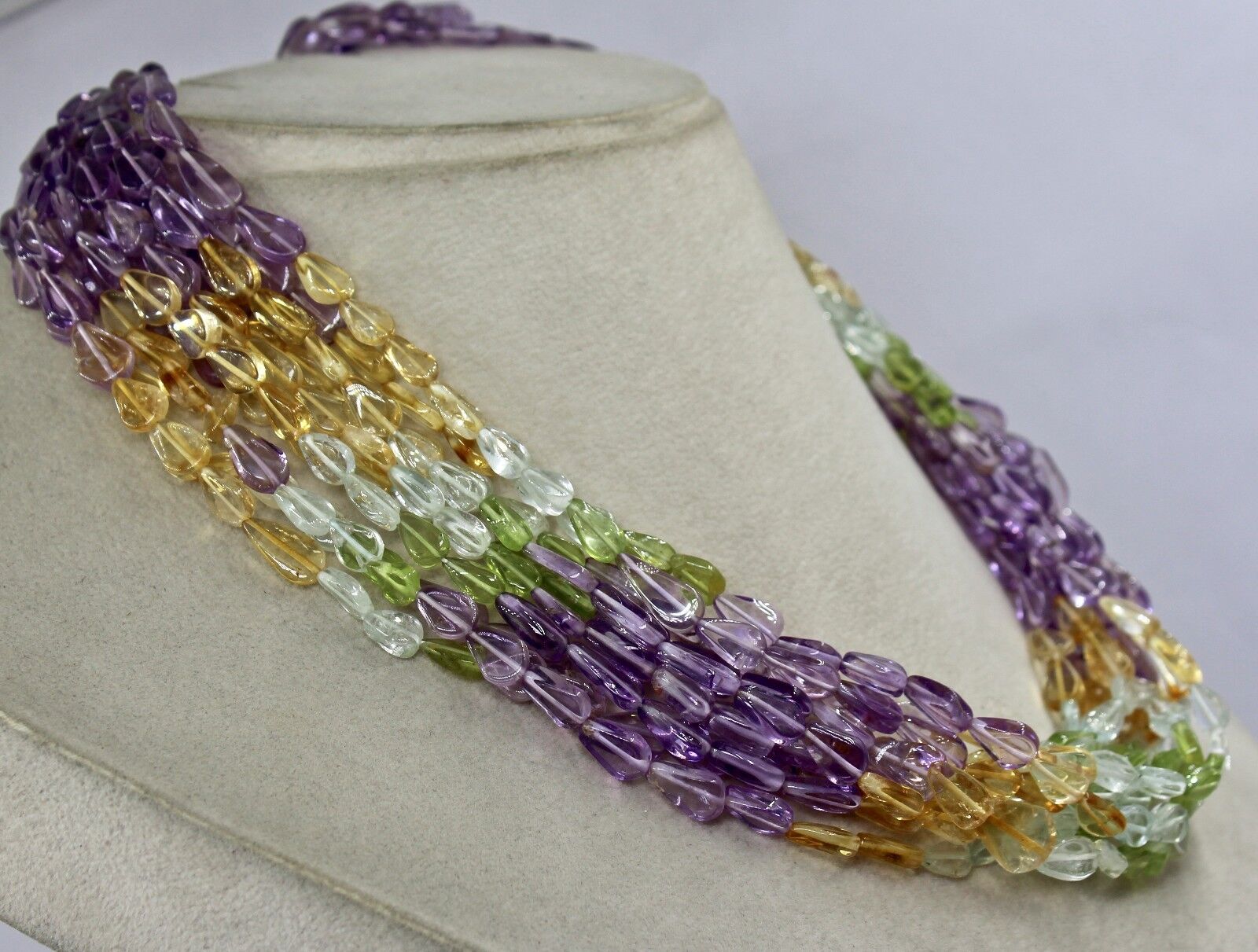 MULTI COLOUR PERIDOT CITRINE AMETHYST 10 LINE 18" GEMSTONE FANCY BEADS NECKLACE
