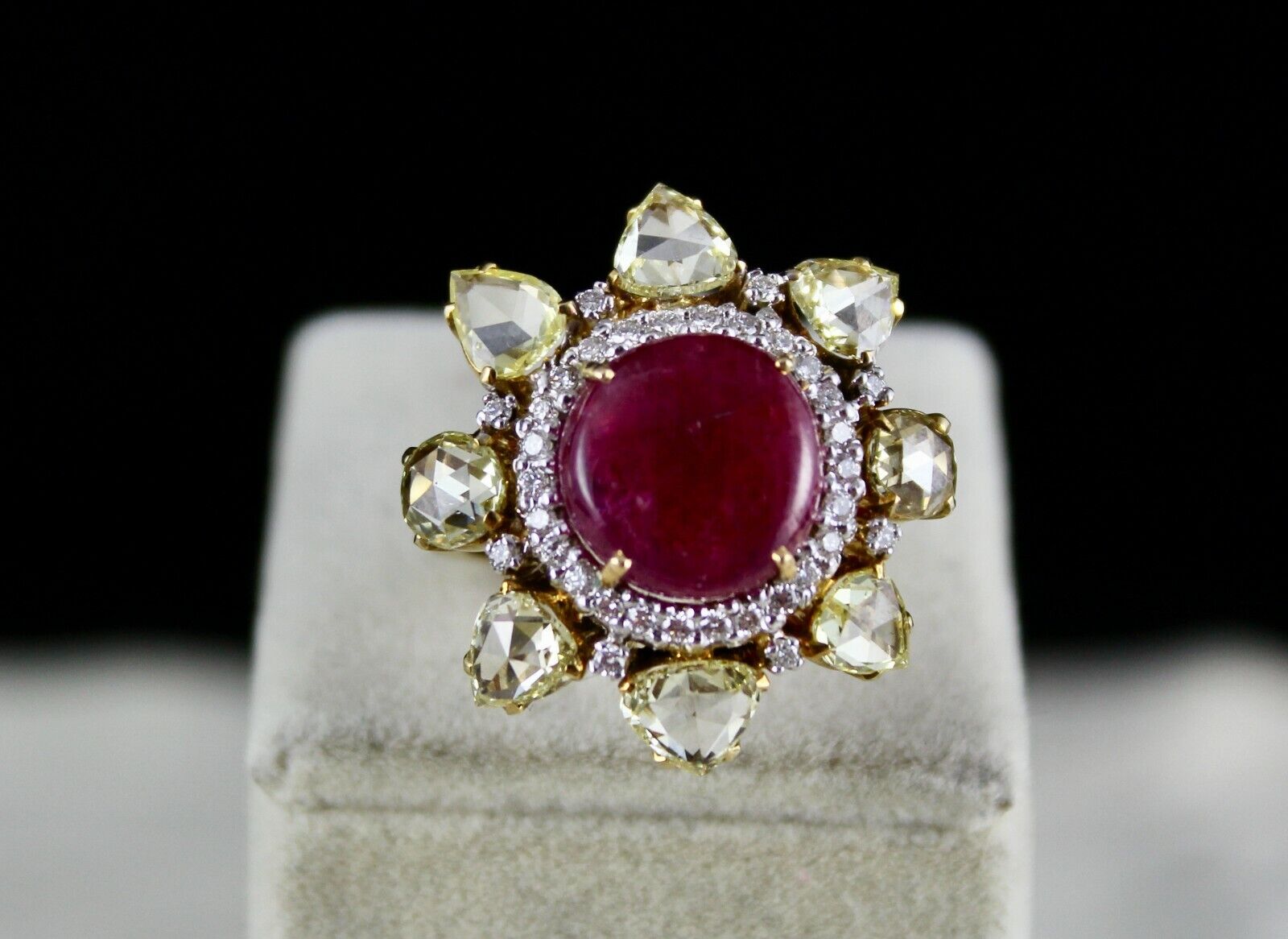 NATURAL UNHEATED BURMA RUBY CABOCHON YELLOW ROSE CUT DIAMOND 18K GOLD FINE RING