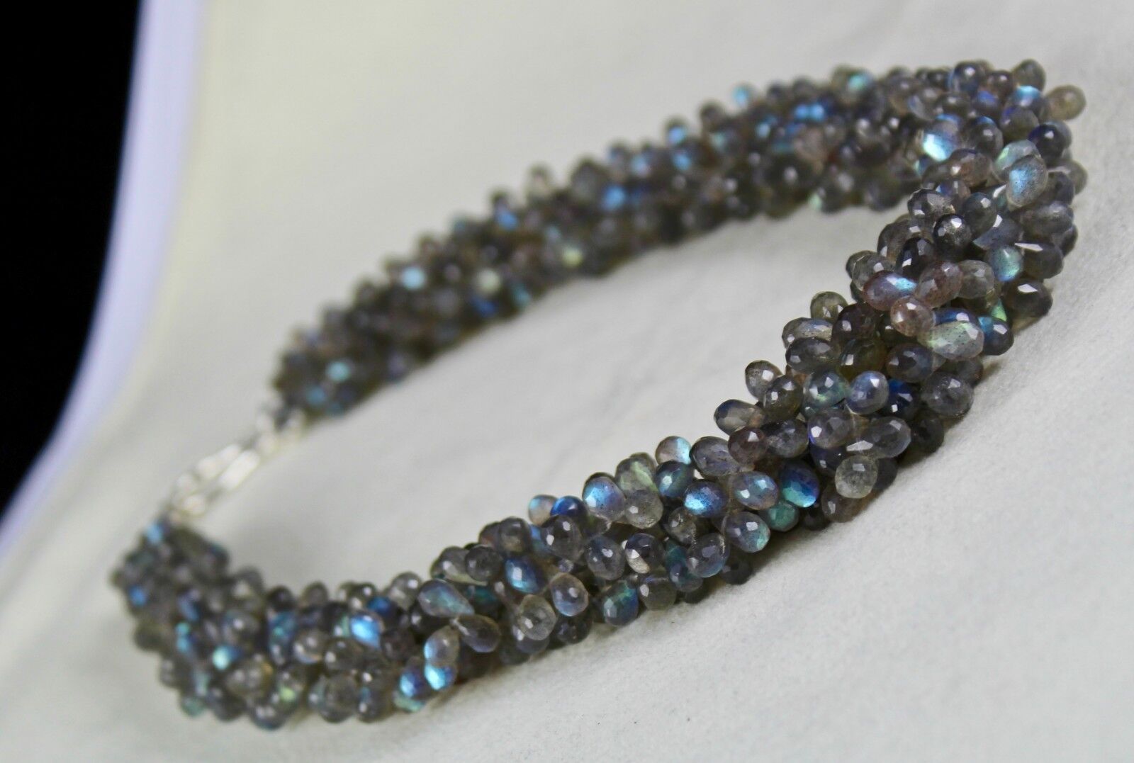 NATURAL LABRADORITE BEADS TEARDROPS 4 LINE 561 CARATS GEMSTONE SILVER NECKLACE