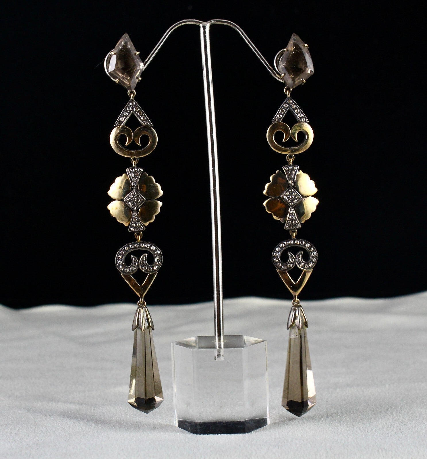 Certified Victorian Smoky Quartz 10ct Natural Diamond 18k Gold Sterling Earrings