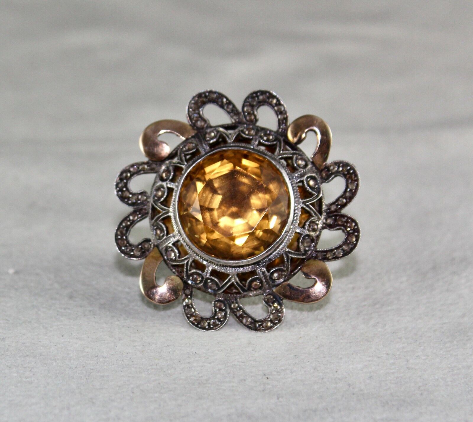NATURAL YELLOW CITRINE CUT DIAMOND 18K GOLD LADIES RING IN 925 STERLING SILVER