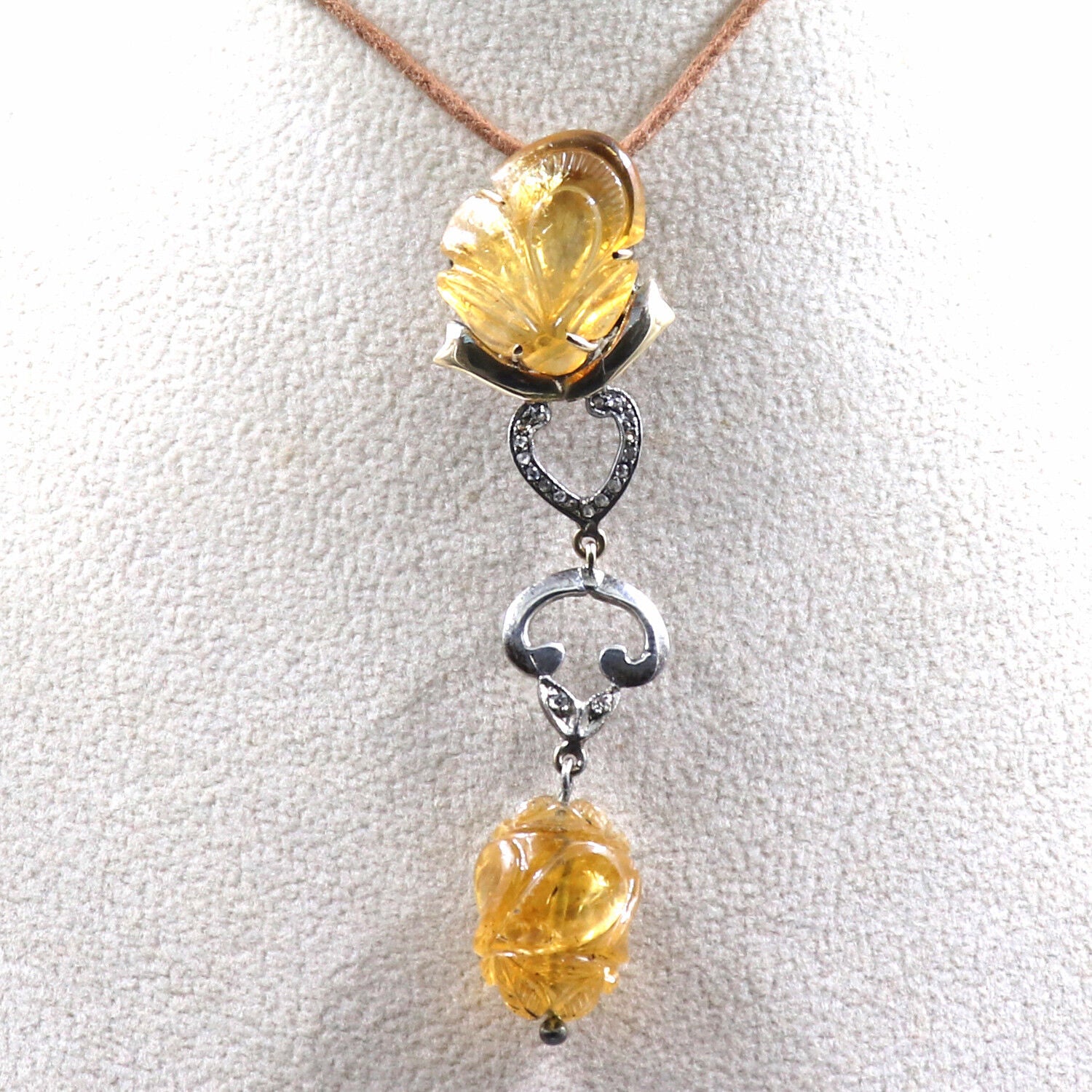 Natural Citrine Carved Diamond 18K Gold 925 Silver Victorian Gemstone Pendant