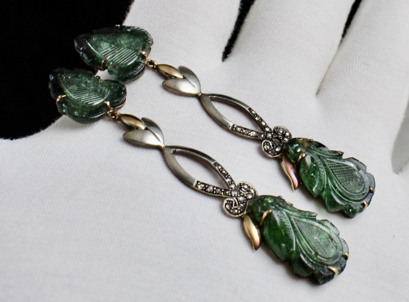 Natural Green Tourmaline Stone Diamond 18k Gold Silver Dangle Victorian Earring