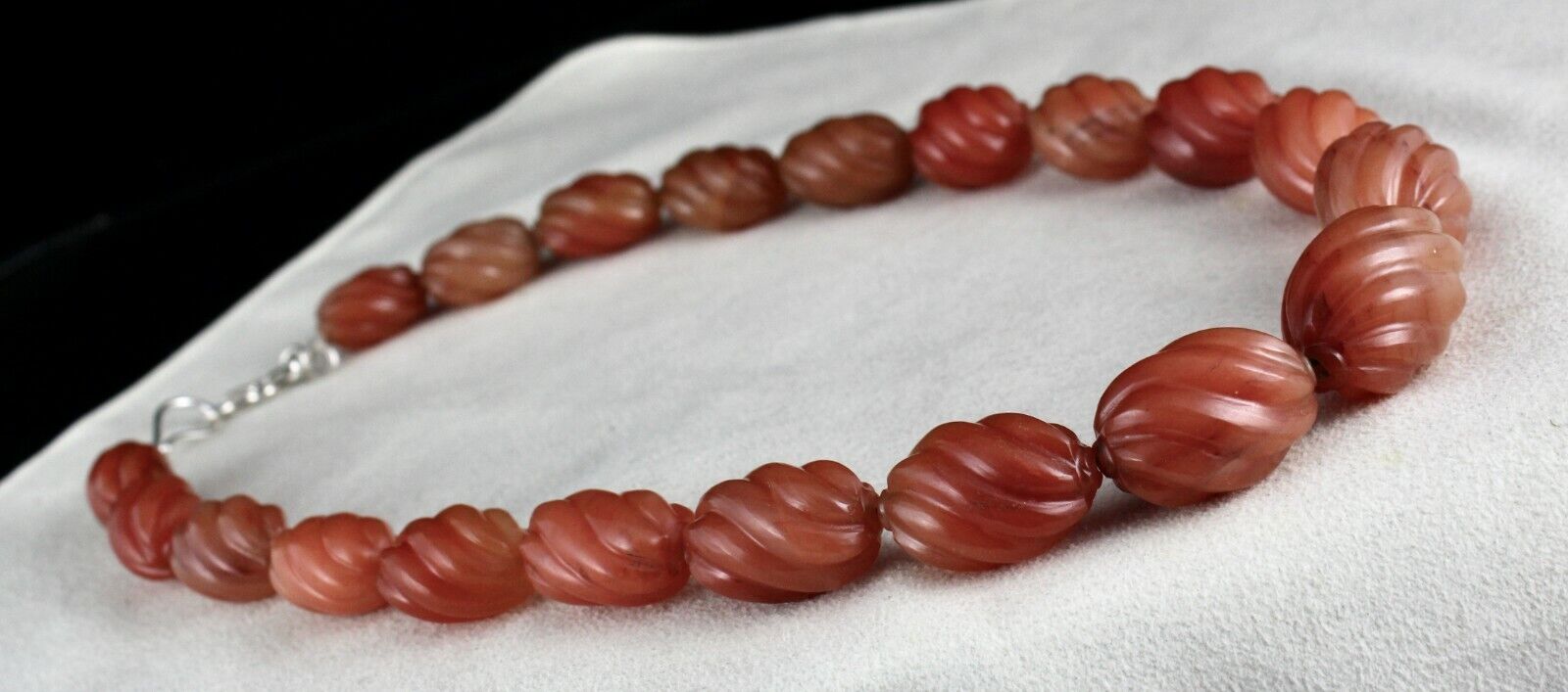 NATURAL ORANGE QUARTZ MELON CARVED BEADS 1 L 856 CARATS GEMSTONE SILVER NECKLACE
