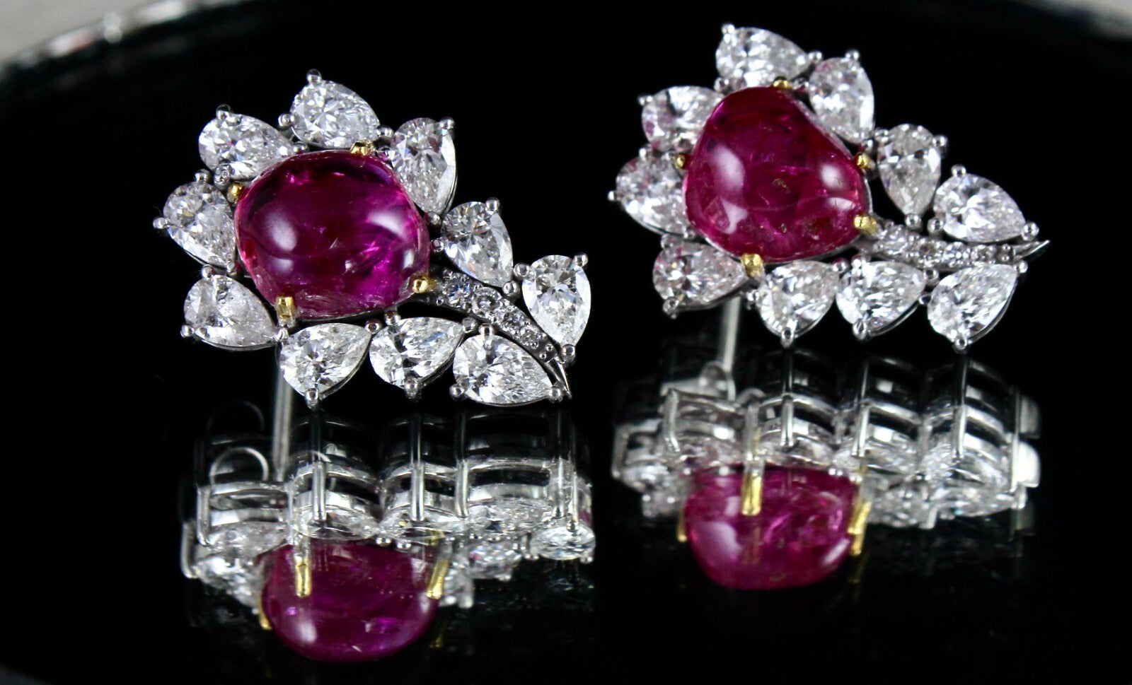 Certified 18k Gold Natural Diamond Burma Ruby Cabochon Stud Earrings 33.9ct