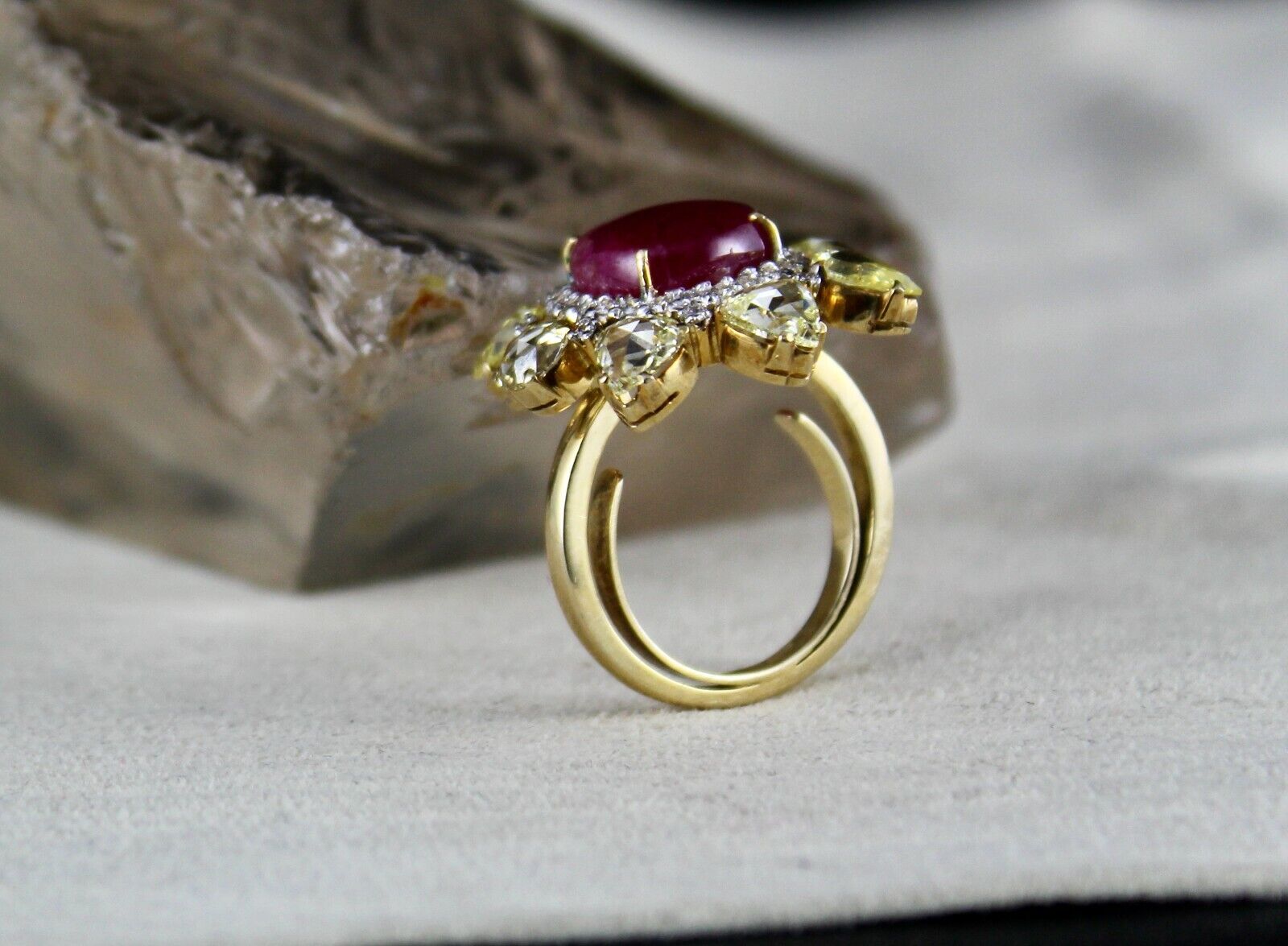 NATURAL UNHEATED BURMA RUBY CABOCHON YELLOW ROSE CUT DIAMOND 18K GOLD FINE RING