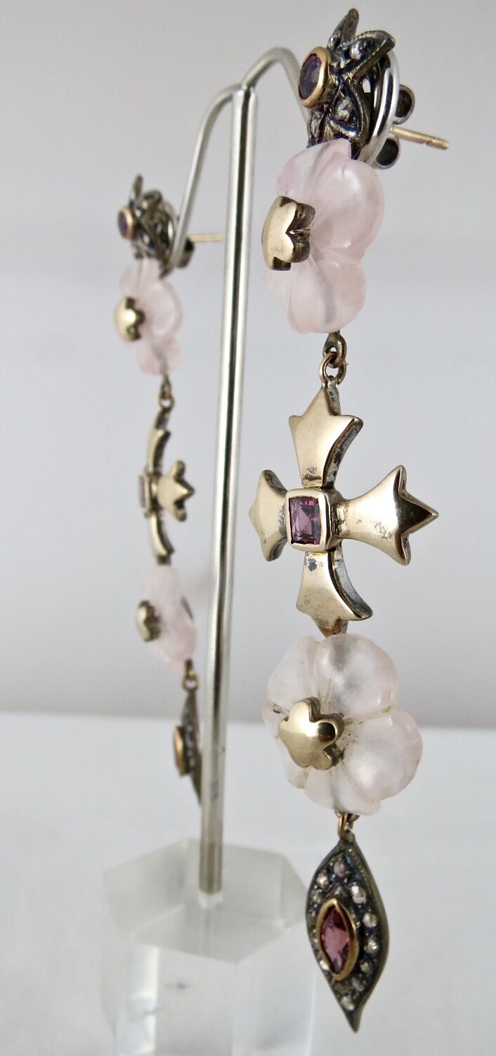 Natural Rose Quartz Carved Garnet Diamond 18K Gold 925 Silver Victorian Earring