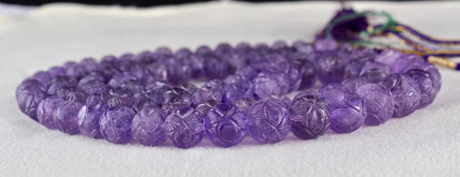 Natural Amethyst Beads Engraved 2 L 616 Ct Purple Gemstone Vintage Old Necklace