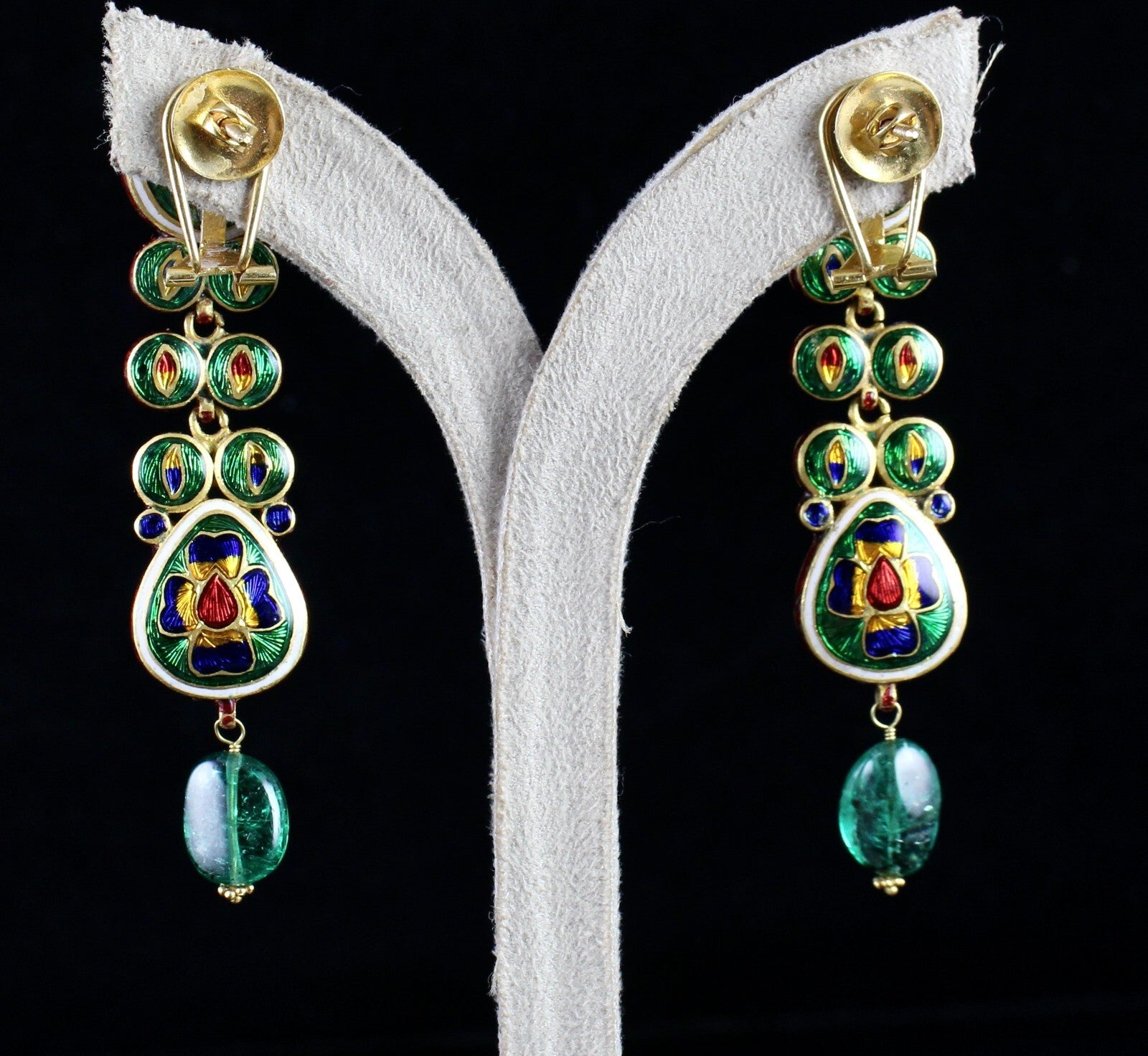 Certified Old Natural Diamond Cut Emerald 22k Gold Jadau Dangle Earrings 152.5ct