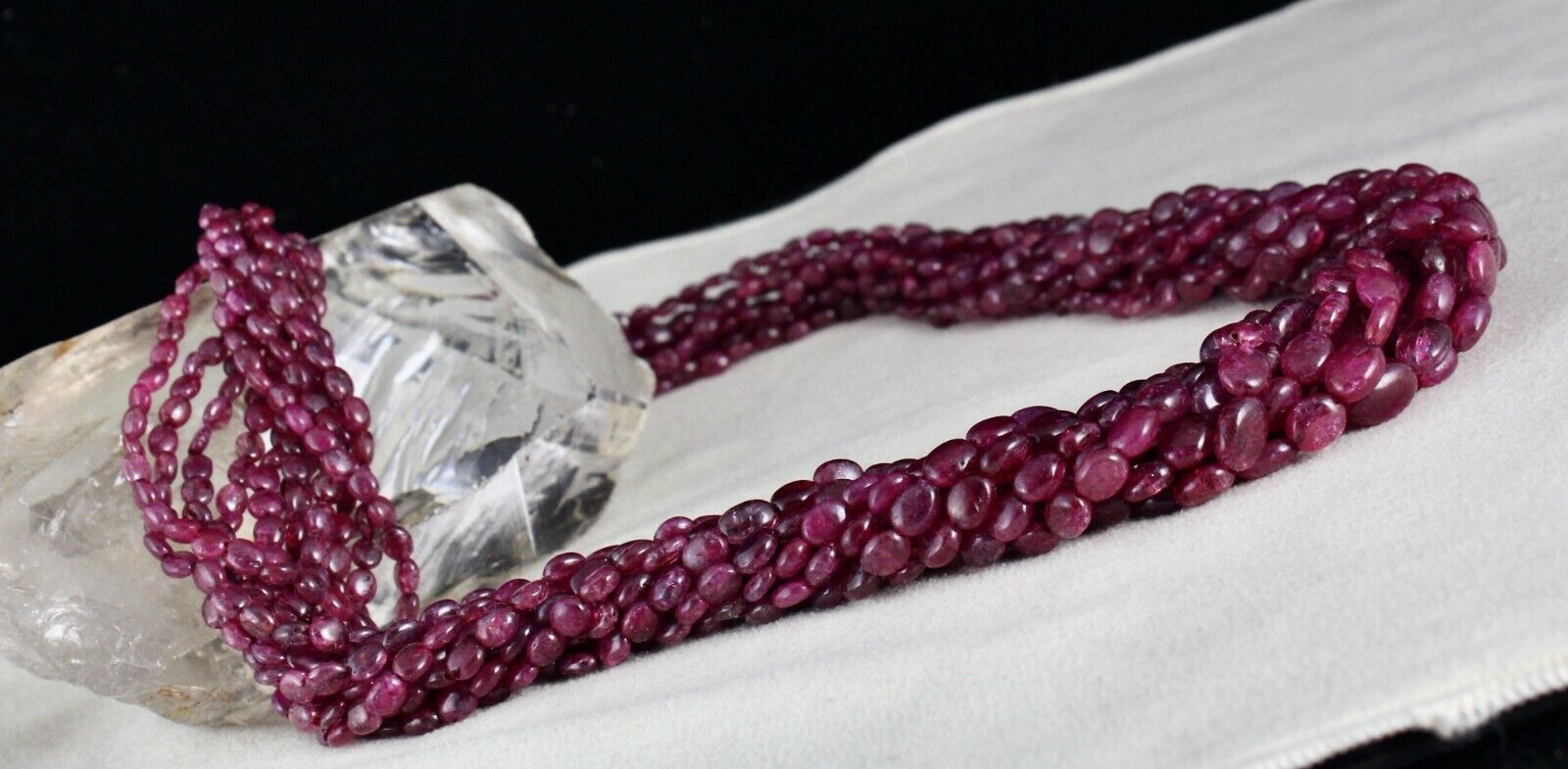 RUBY CORUNDUM BEADS LONG 11 LINE 850 CARATS OLD DYED GEMSTONE SILVER NECKLACE