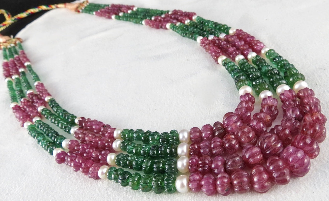 Certified Natural Ruby 368 Ct Emerald Melon Carved Pearl Antique Necklace