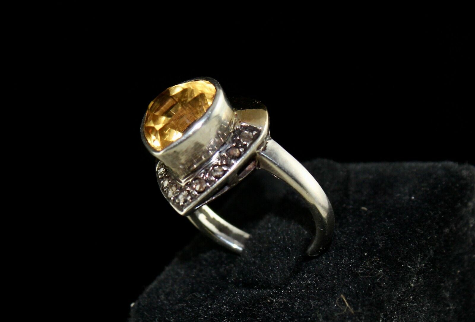 ANTIQUE NATURAL YELLOW CITRINE HEART CUT 18K GOLD DIAMOND SILVER VICTORIAN RING