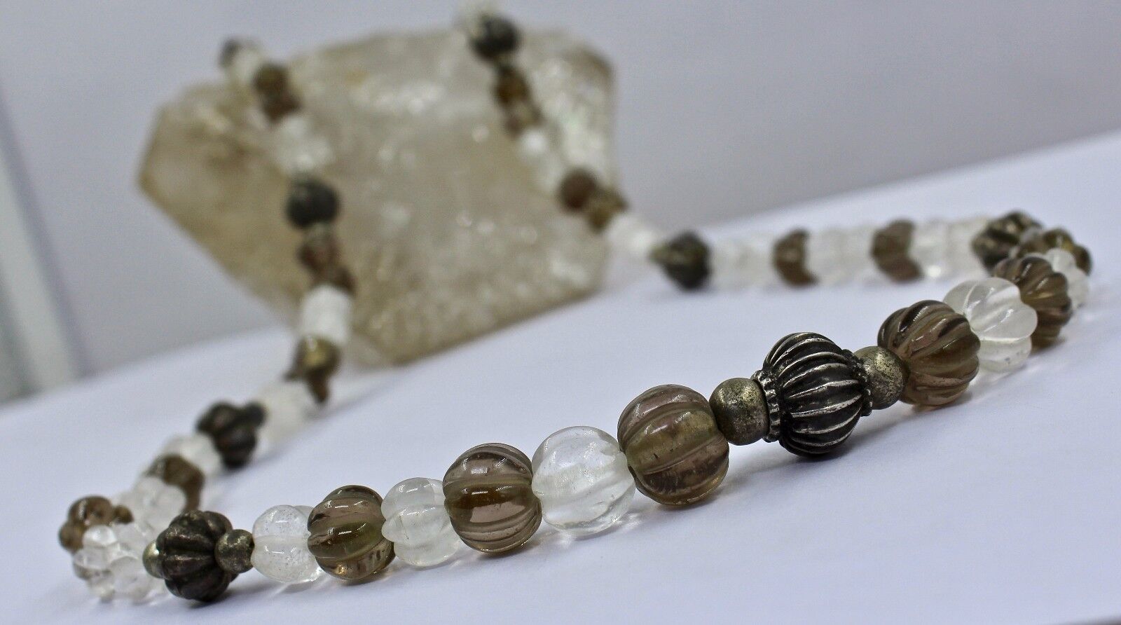 ESTATE SMOKY & CRYSTAL QUARTZ 925 STERLING SILVER BEADS 25"LONG FASHION NECKLACE