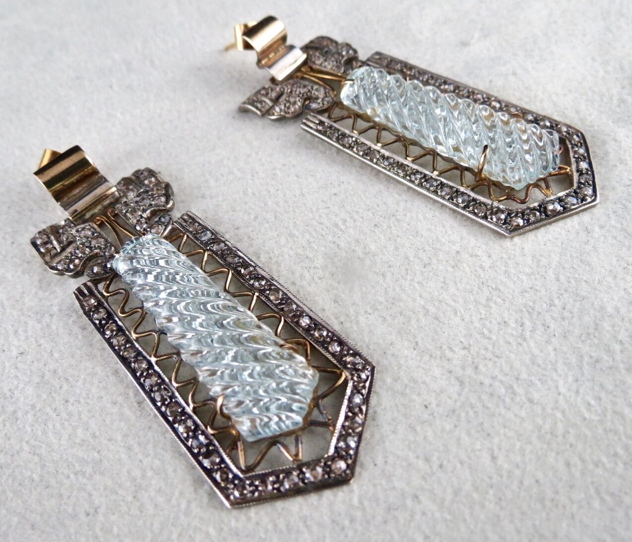 BLUE AQUAMARINE STONE & BEADS DIAMOND GOLD SILVER VICTORIAN EARRING PENDANT SET