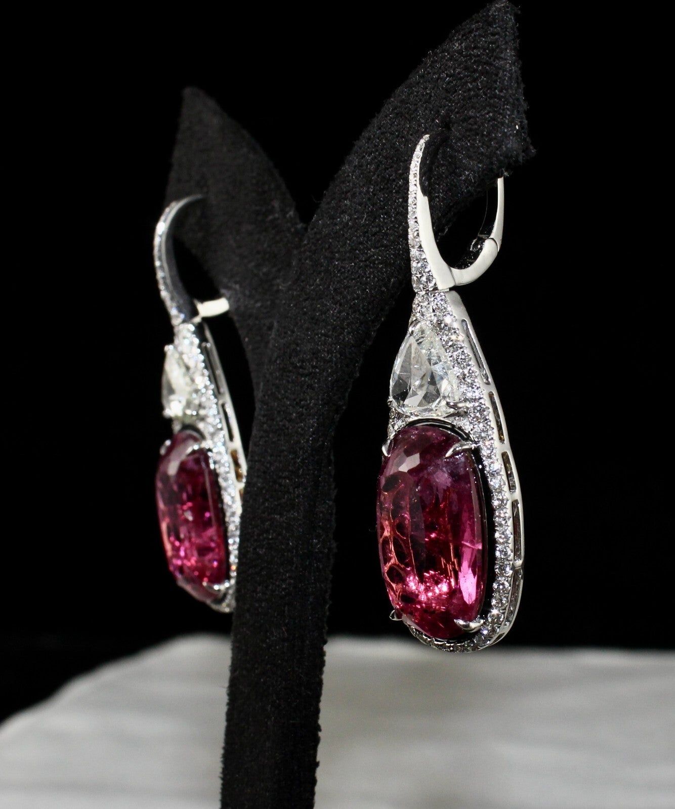 Certified Natural Rubellite Pink Tourmaline 63.9ct Diamond 18k Gold Earrings