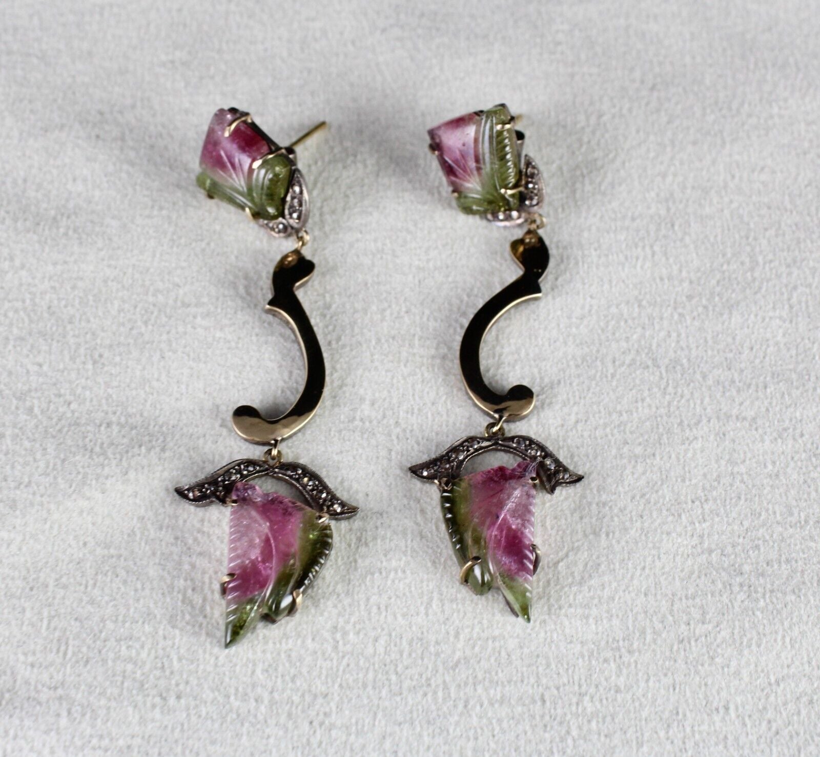 NATURAL MULTI TOURMALINE GEMSTONE DIAMOND 18K GOLD 925 SILVER VICTORIAN EARRING