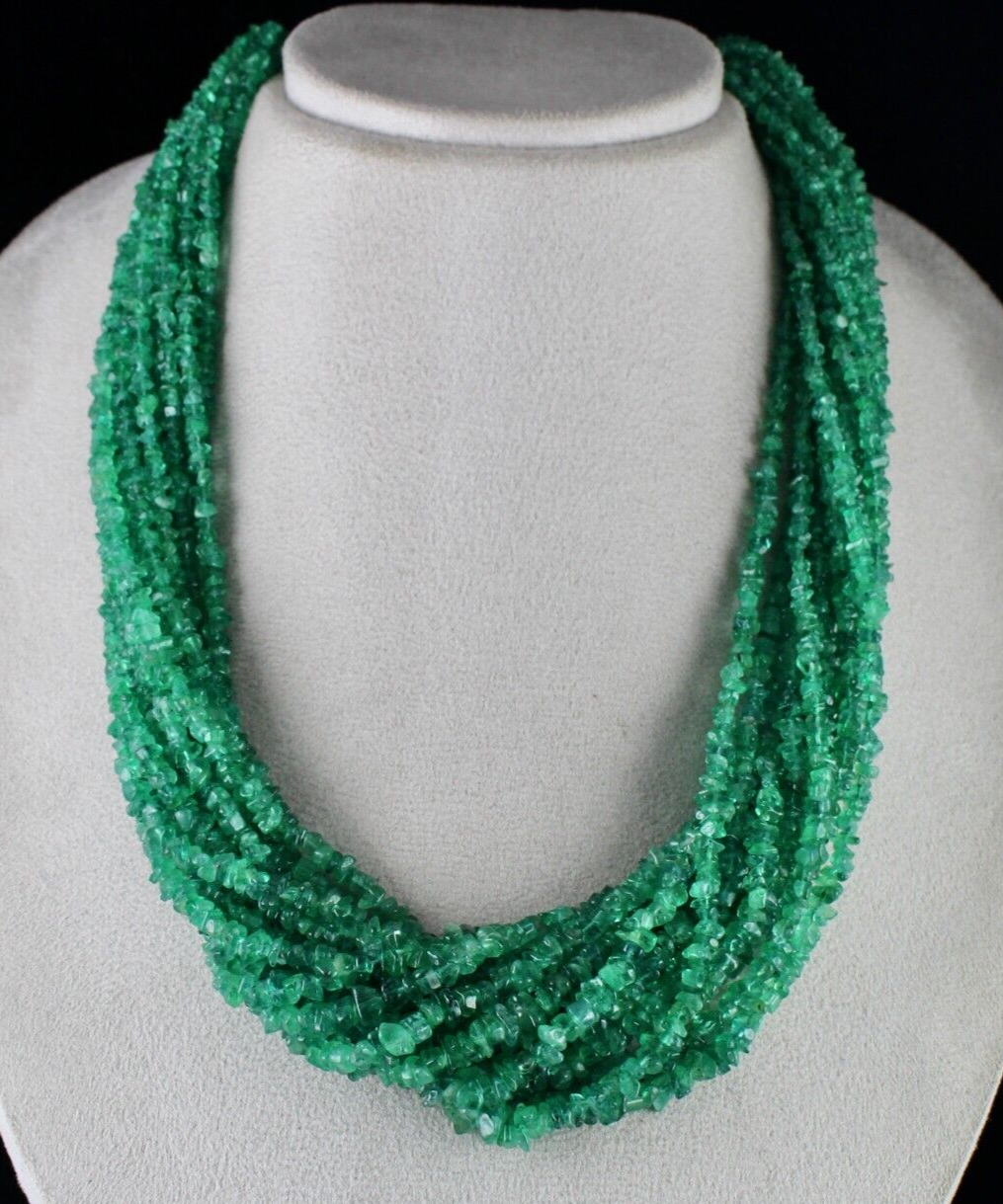 Vintage Natural Emerald Necklace 14L 890 Ct Certified Bead Gemstone Silver Clasp