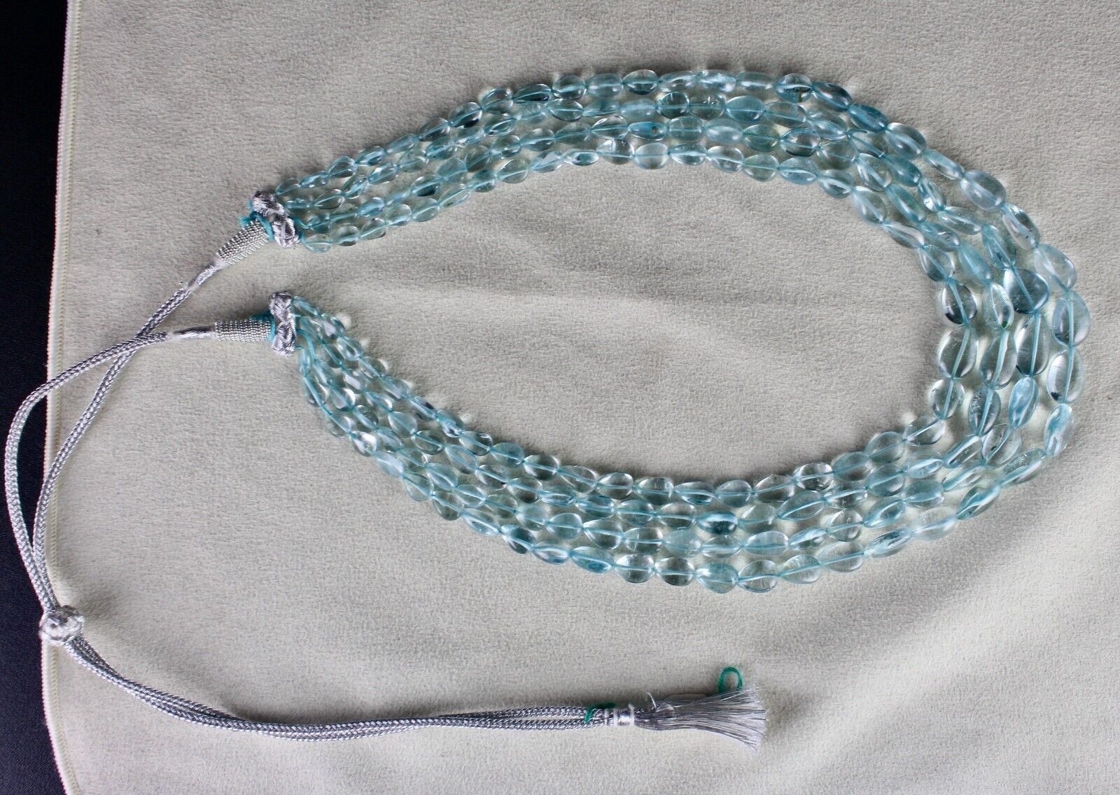 NATURAL BLUE TOPAZ BEADS DROPS 4 LINE 613 CARATS GEMSTONE BEADED FINE NECKLACE