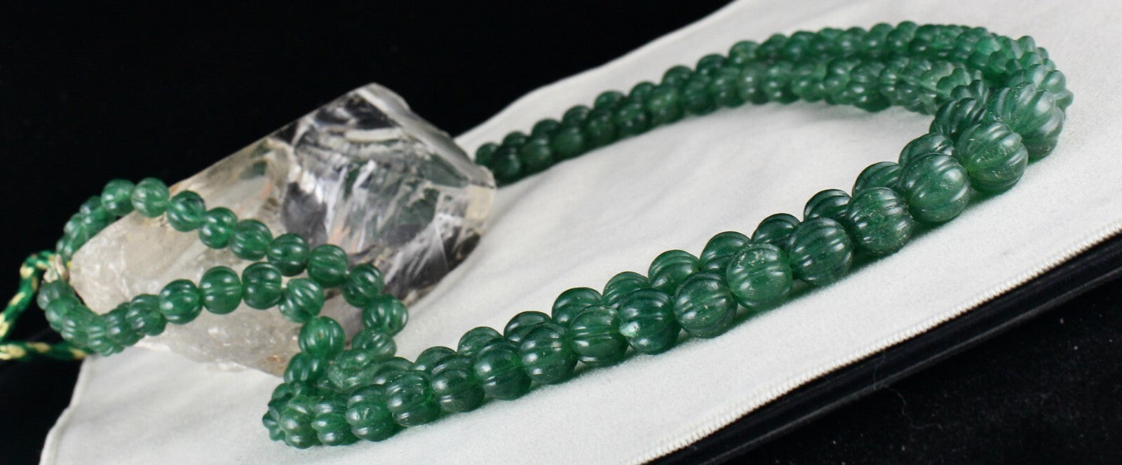 Natural Green Quartz 1034 Ct Melon Beaded Necklace, Carved Gemstone, 2 Line