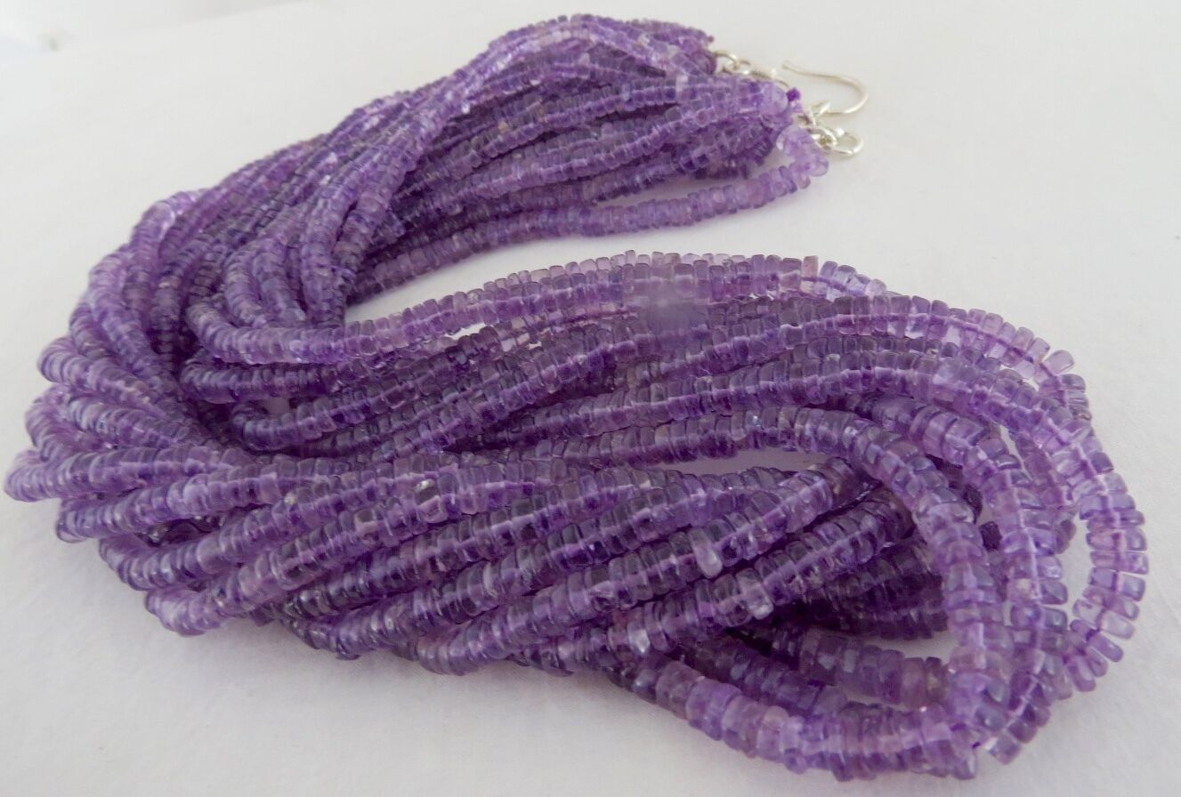 Natural Brazilian Amethyst Beads Button 10 Line 1165 Ct Gemstone Silver Necklace