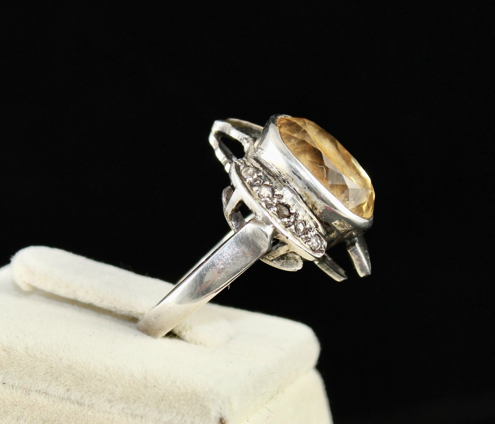 Vintage Natural Yellow Citrine 10ct Natural Diamond 18k Gold Silver Ring