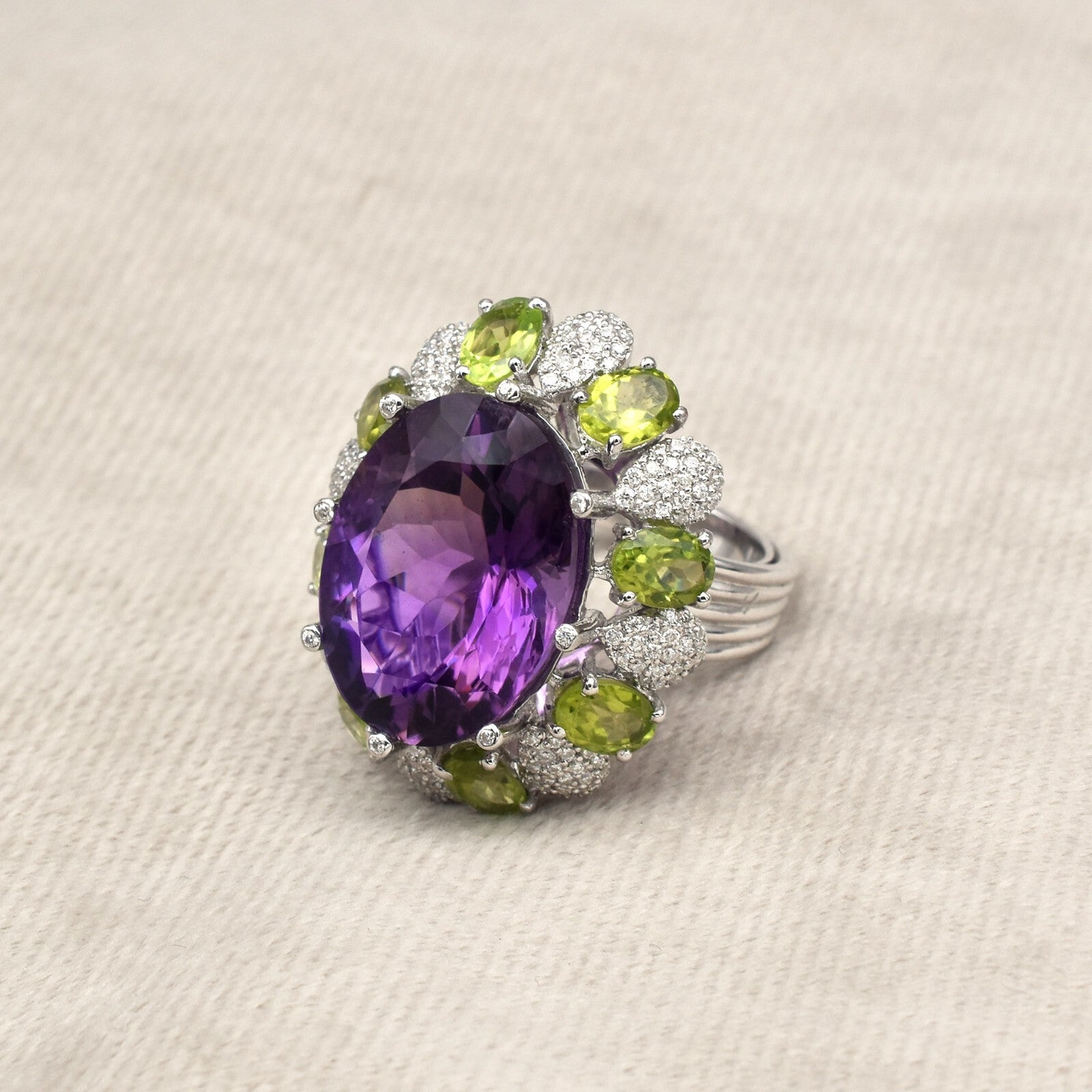 Natural Amethyst 115.30ct Green Peridot Moissanite Sterling Silver Ring