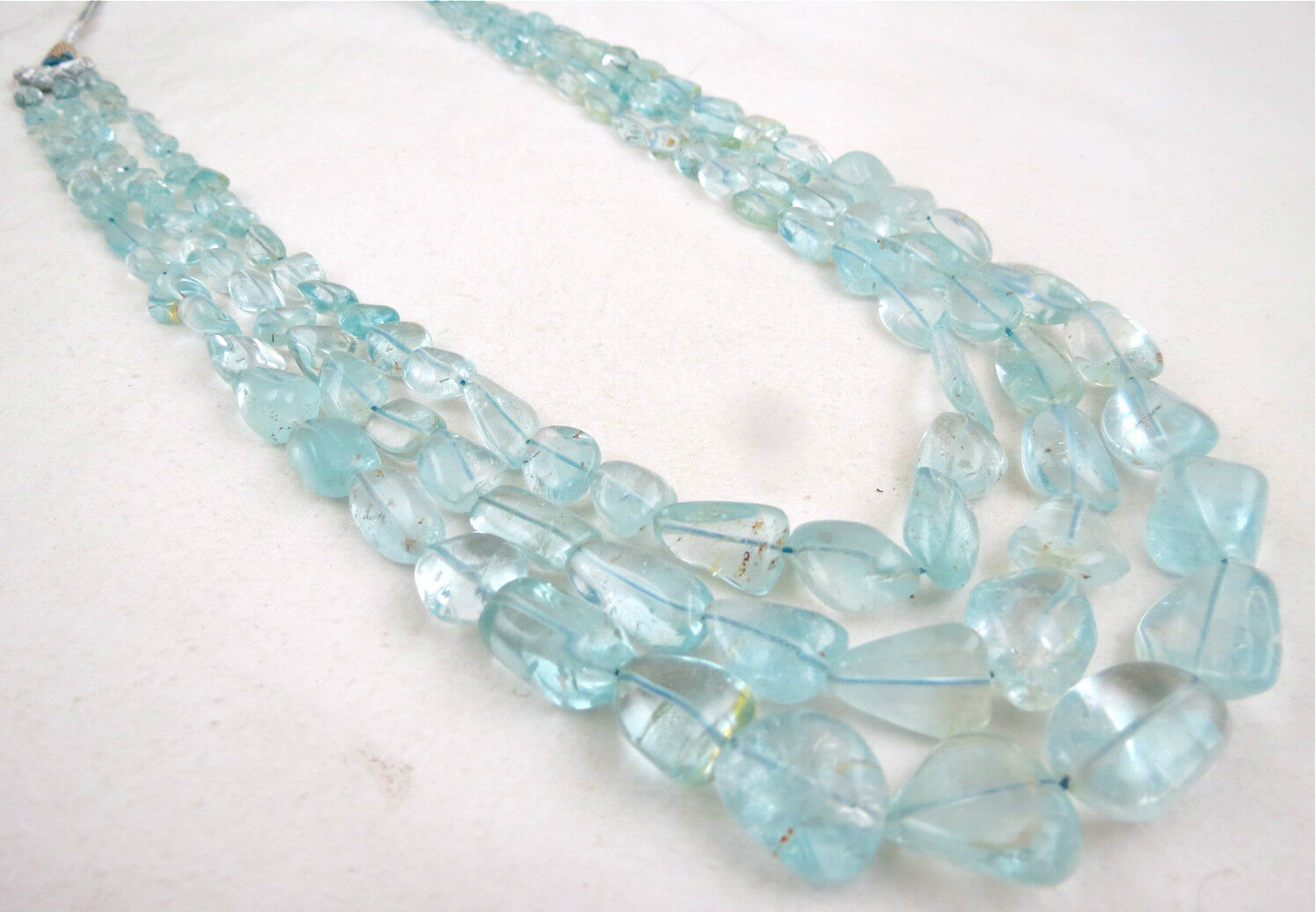 NATURAL BLUE TOPAZ BEADS TUMBLE 3 LINE 860 CARATS GEMSTONE BEADED FINE NECKLACE