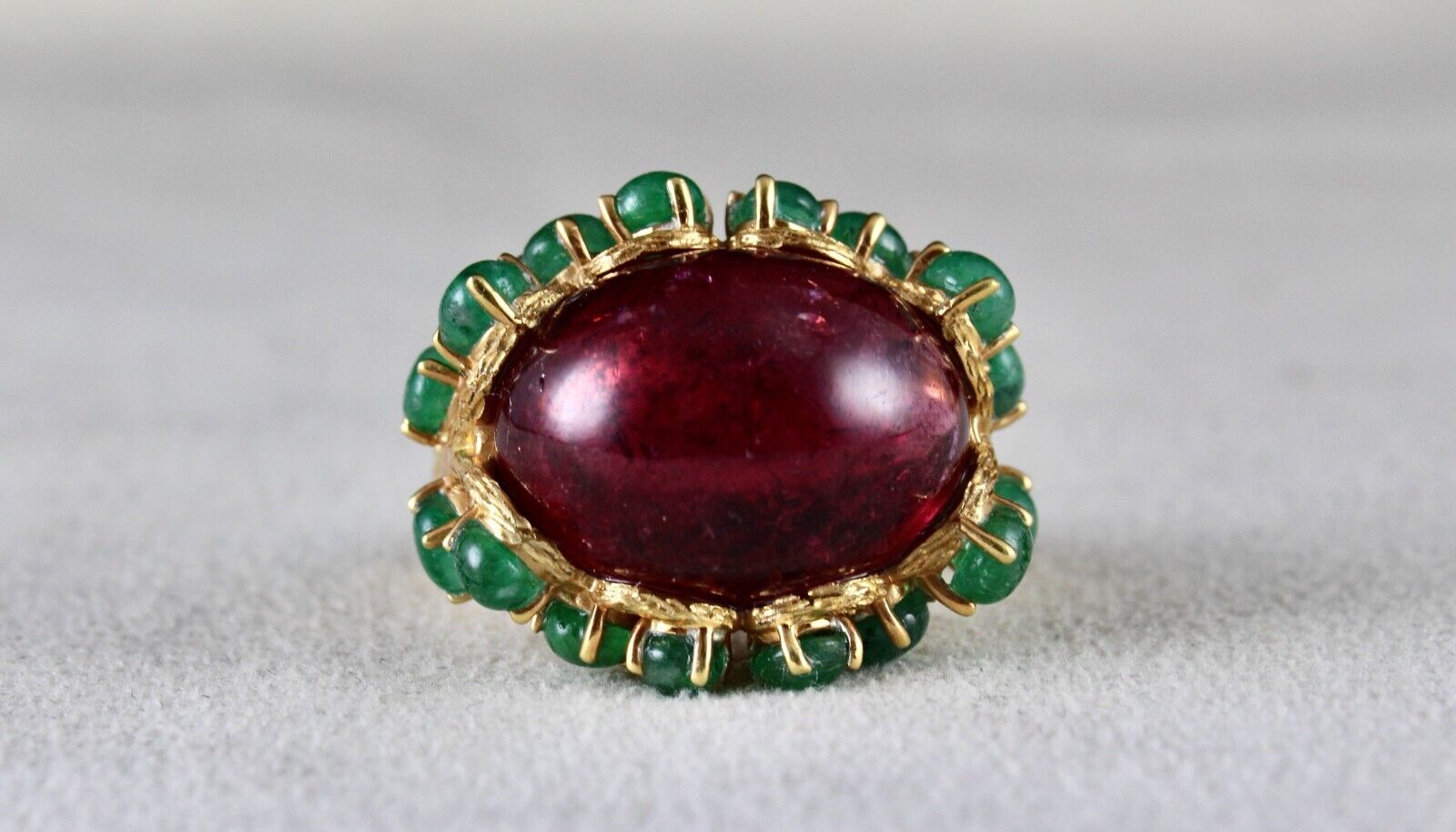 UNIQUE NATURAL PINK TOURMALINE EMERALD CABOCHON CARVED SILVER GOLD PLATED RING