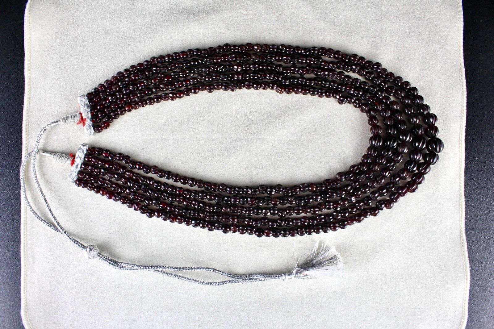 NATURAL GARNET BEADS CARVED MELON 5 LINE 988 CARATS GEMSTONE ANTIQUE NECKLACE