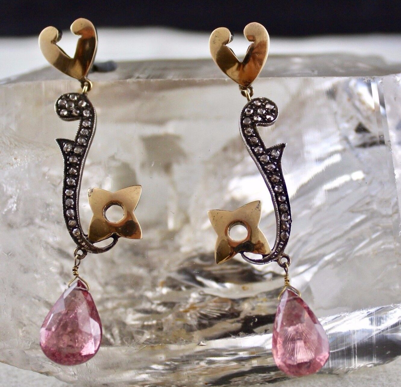 Natural Pink Tourmaline Pear Diamond 18K Gold 925 Silver Victorian Fine Earring