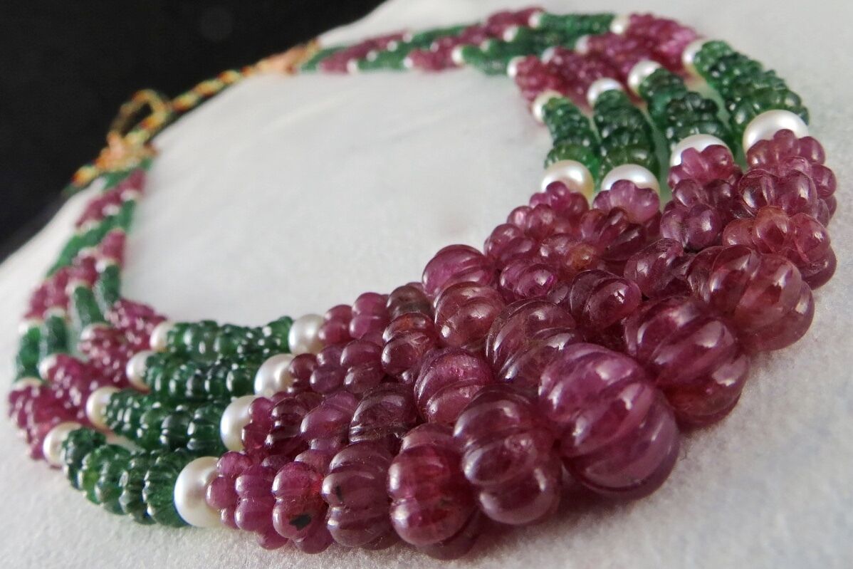 ANTIQUE NATURAL UNHEAT RUBY EMERALD MELON CARVED PEARL 368 CARATS BEADS NECKLACE