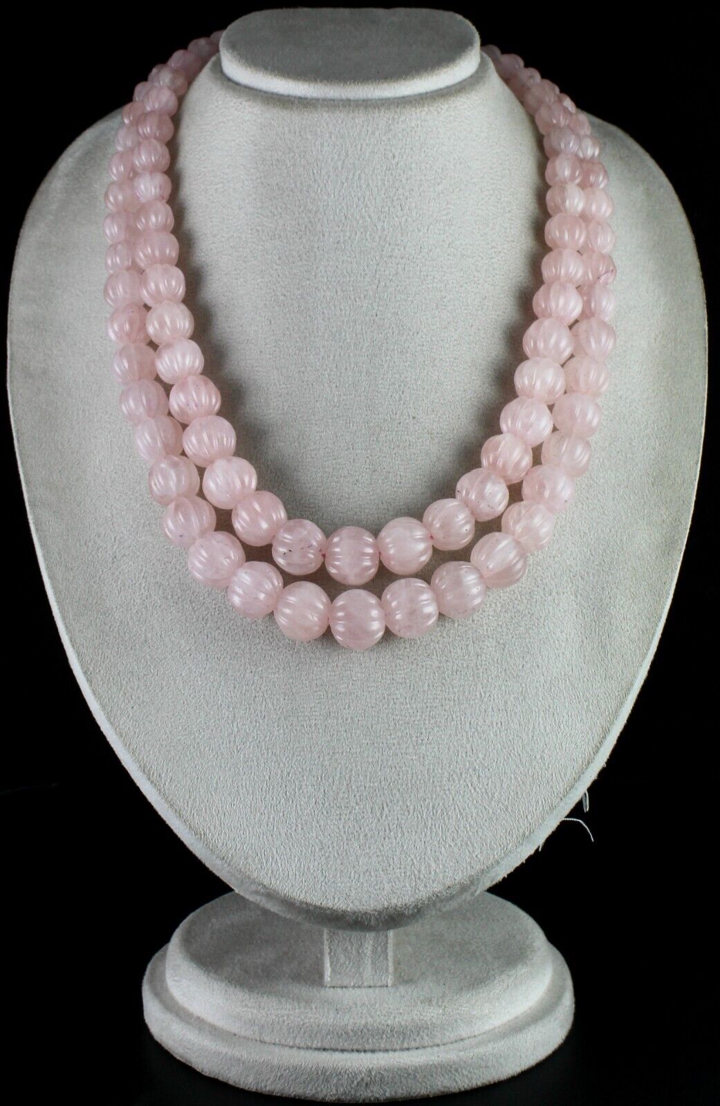 Vintage Natural Rose Quartz Melon Carved Beads 1436 Ct Gemstone Silver Necklace
