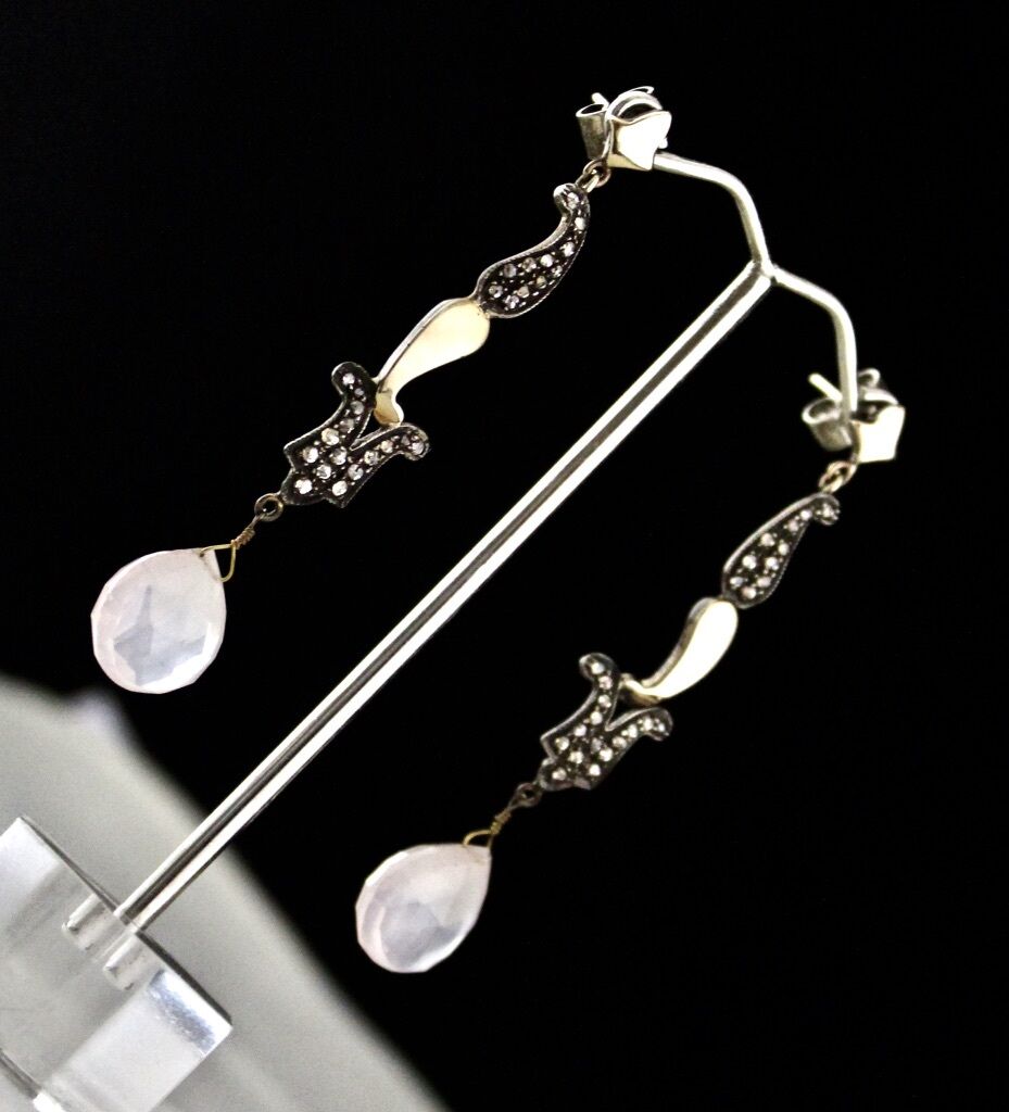 NATURAL ROSE QUARTZ TEAR DROPS DIAMOND 18K GOLD 925 SILVER VICTORIAN EARRING