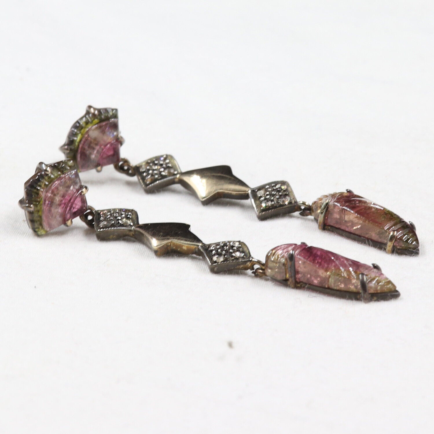 Estate Natural Multi Tourmaline Carved Diamond 18K Gold Silver Victorian Earring