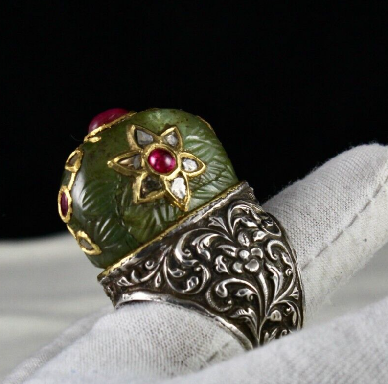 Certified Antique Natural Emerald 10ct Ruby Diamond Sterling Silver Royal Ring