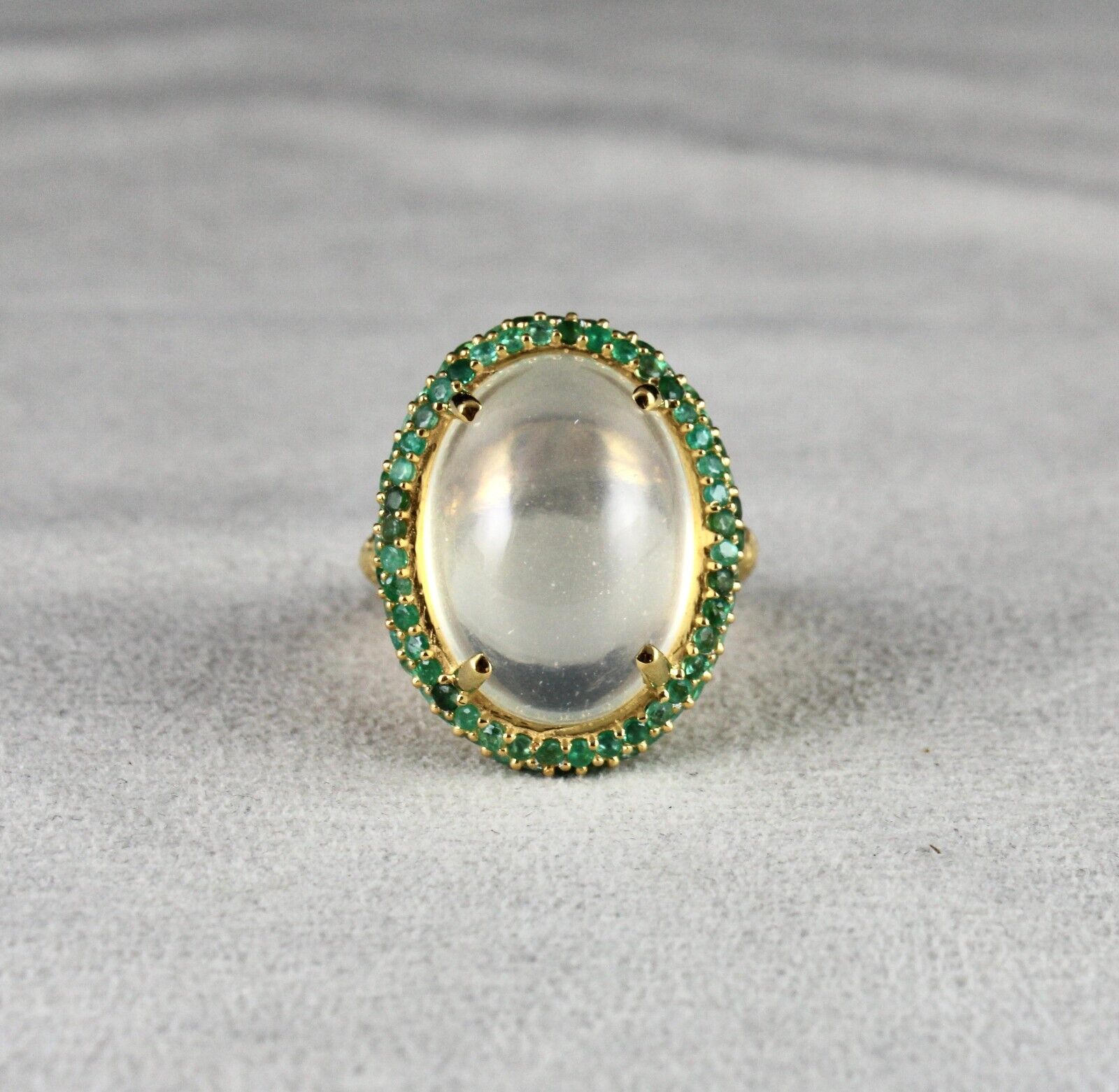 NATURAL MOONSTONE CABOCHON EMERALD 925 STERLING SILVER FINE DESIGN GEMSTONE RING