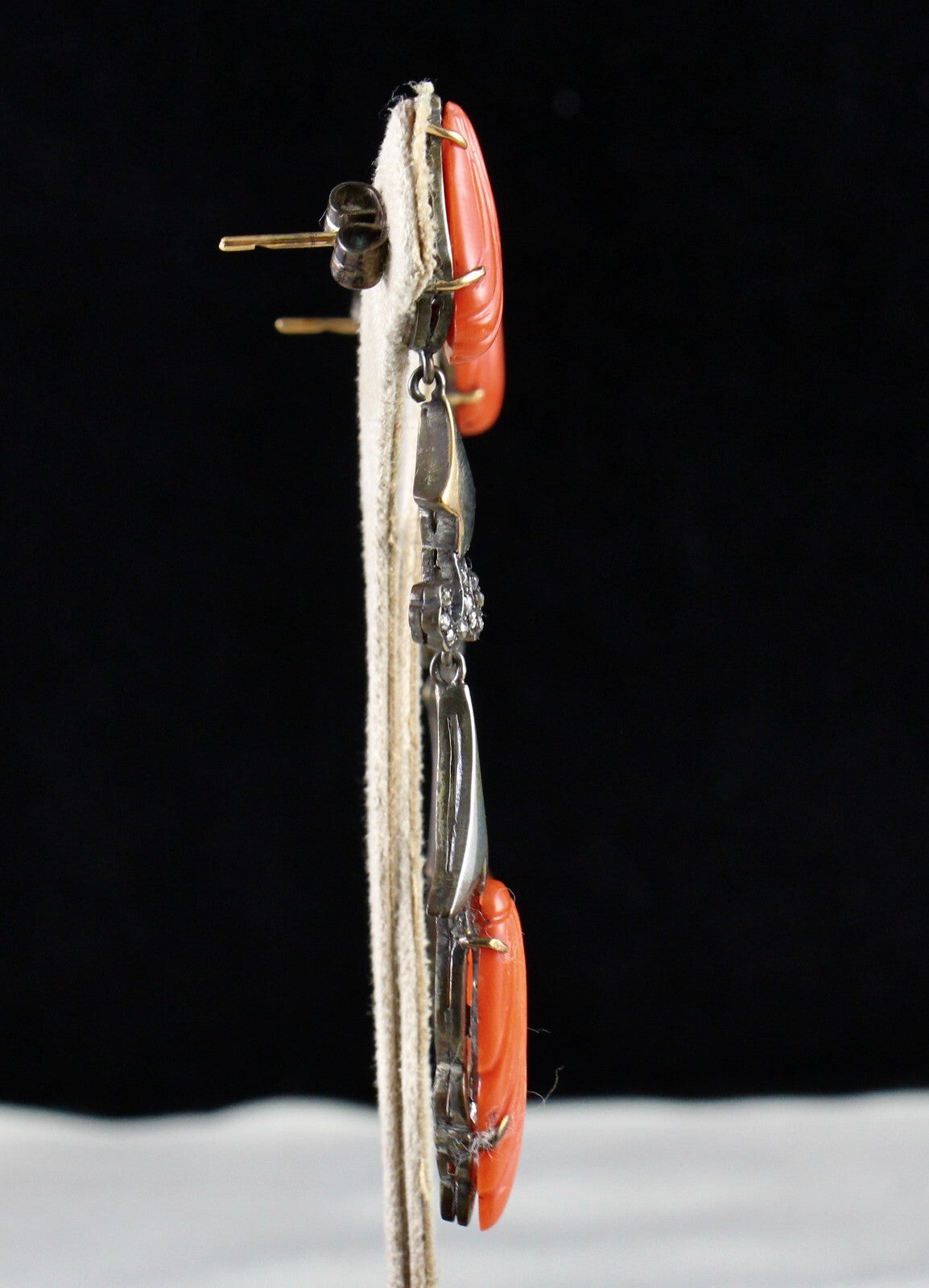 Certified Estate Red Coral 10ct Natural Diamond 18k And Sterling Silver Earrings