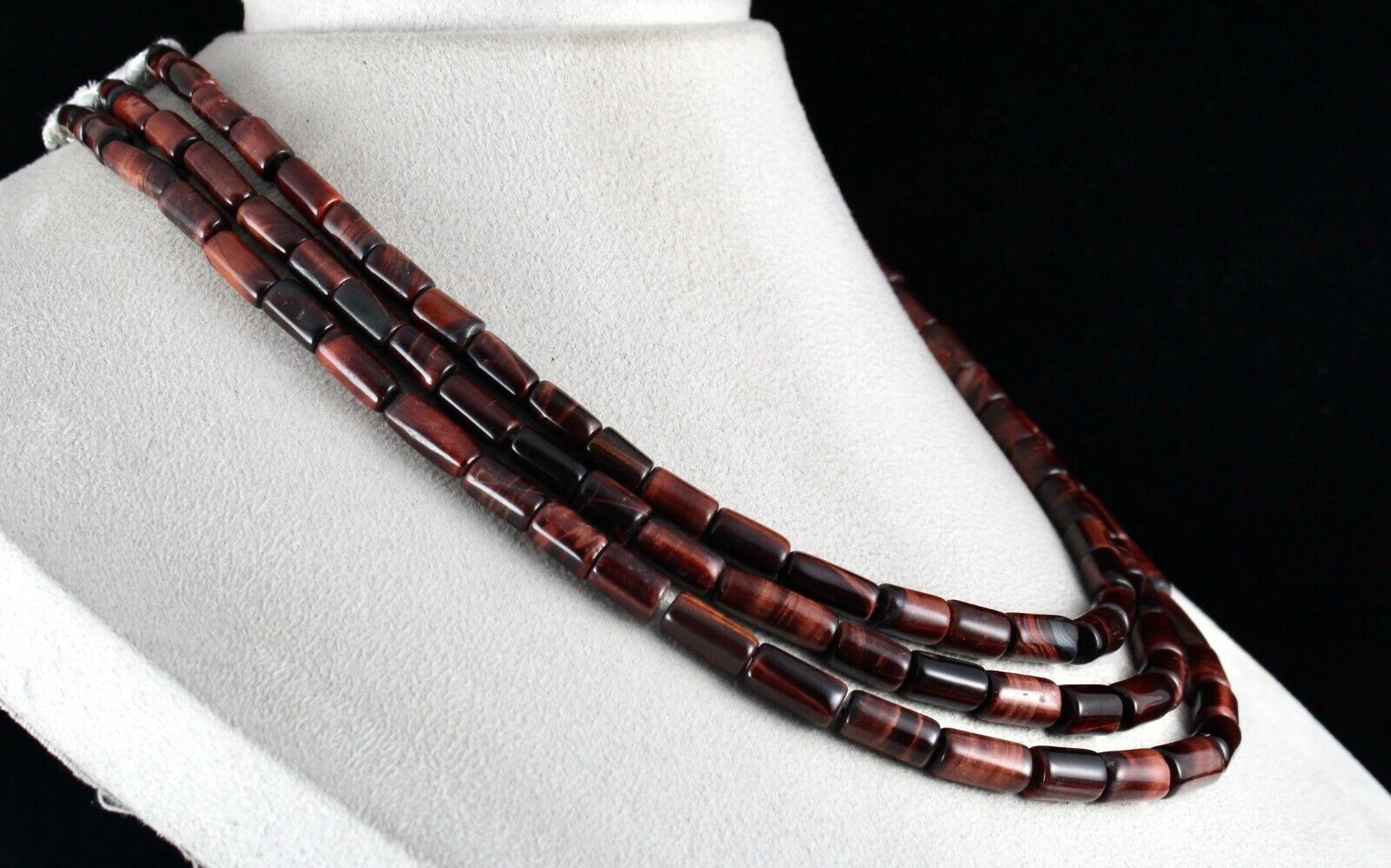 NATURAL RED TIGER EYE BEADS FANCY LONG 3 LINE 545 CTS GEMSTONE LADIES NECKLACE