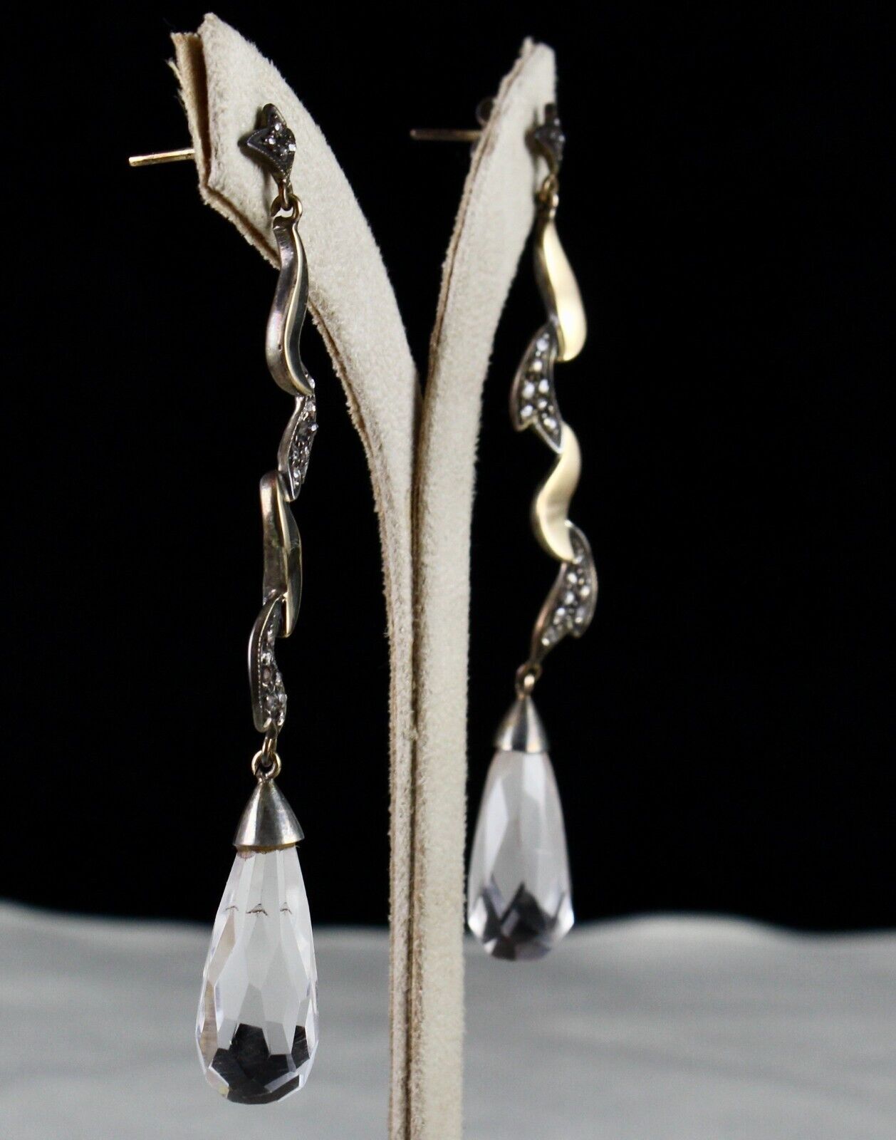 Natural Rock Crystal Quartz Cut Stone Diamond 18K Gold Victorian Silver Earring