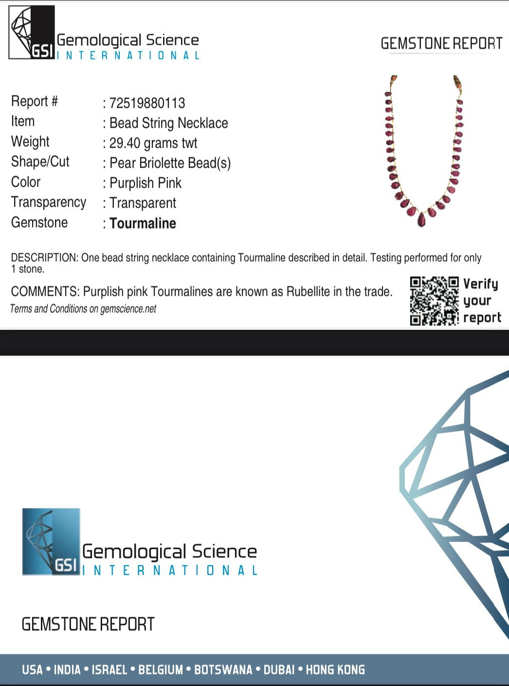 Certified Natural Pink Tourmaline Rubellite 125 Ct Bead Briolette Necklace