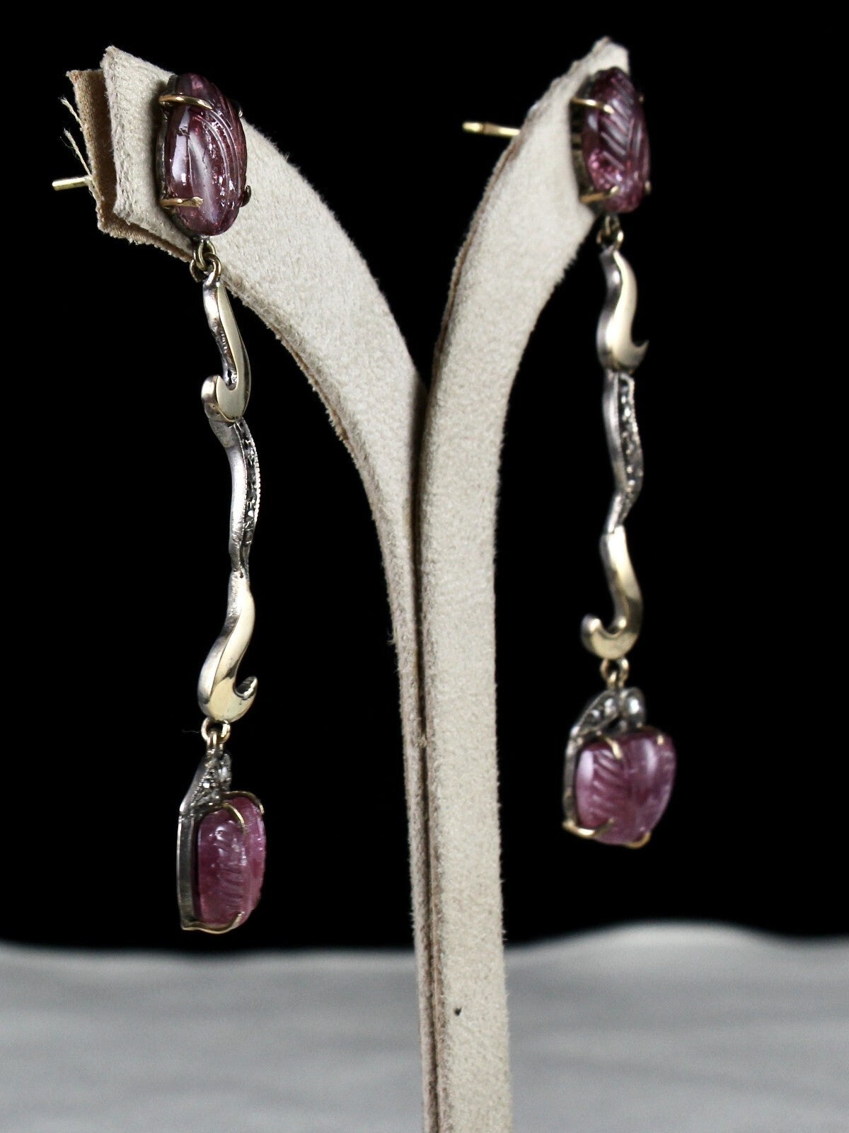 Vintage 10.00ct Natural Pink Tourmaline Carved Diamond 18k Gold Earrings